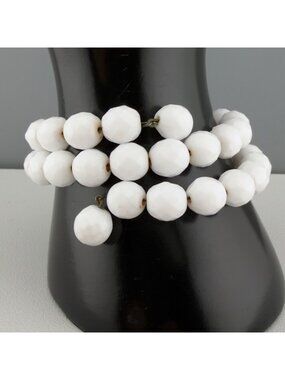 Vintage Milk Glass Beaded Wrap Bracelet Double Strand Faceted White Adjustable